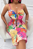 Apricot Sexy Celebrities Print Bandage Patchwork Backless Spaghetti Strap Sleeveless Two Pieces