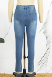 Medium Blue Casual Patchwork Ripped Beading High Waist Skinny Denim Jeans (Subject To The Actual Object)