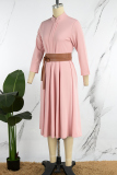 Pink Casual Solid With Belt Mandarin Collar Long Sleeve Dresses