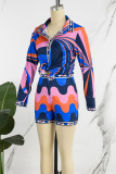 Colour Casual Print Patchwork Turndown Collar Long Sleeve Two Pieces