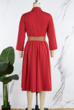 Red Casual Solid With Belt Mandarin Collar Long Sleeve Dresses