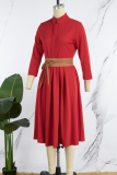 Pink Casual Solid With Belt Mandarin Collar Long Sleeve Dresses