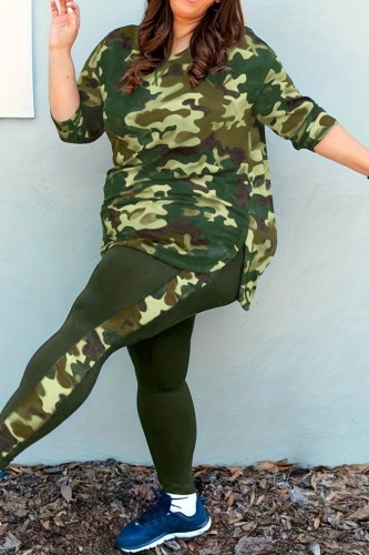 Green Casual Camouflage Print Basic O Neck Plus Size Two Pieces