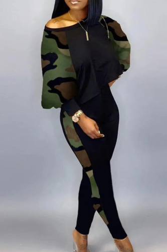 Camouflage Casual Print Patchwork Oblique Collar Plus Size Two Pieces
