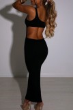 Black Sexy Casual Solid Backless One Shoulder Dresses