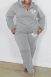 Grey Fashion Casual Letter Print Basic Hooded Collar Plus Size Two Pieces