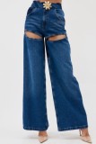 Blue Casual Patchwork Metal Accessories Decoration Contrast High Waist Regular Denim Jeans