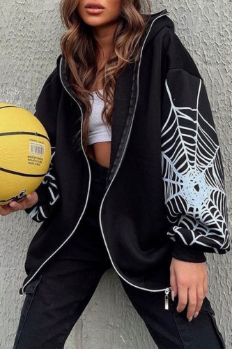Black Casual Print Patchwork Zipper Hooded Collar Outerwear
