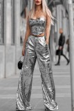 Silver Sexy Casual Patchwork Sequins Backless Strapless Sleeveless Two Pieces