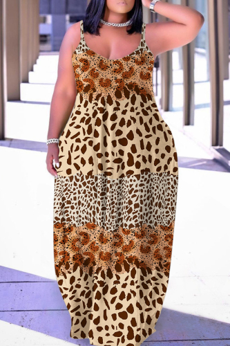 Light Brown Sexy Casual Print Backless Spaghetti Strap Long Dress Dresses