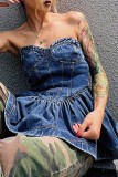 Blue Sexy Casual Solid Backless Strapless Sleeveless Regular Denim Tops