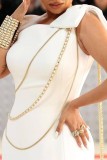 White Sexy Formal Solid Patchwork Chains With Bow Oblique Collar Evening Dress Dresses