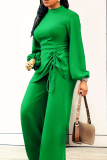 Green Elegant Solid Patchwork Draw String O Neck Plus Size Jumpsuits