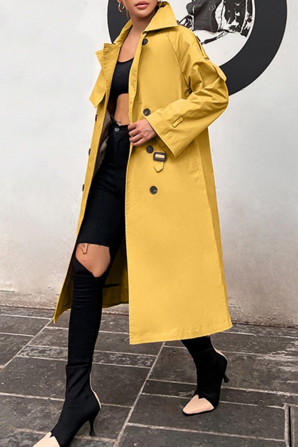 Yellow Casual Solid Patchwork With Belt Turndown Collar Outerwear
