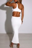 White Sexy Casual Solid Backless One Shoulder Dresses
