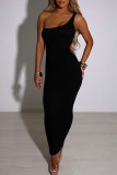 Black Sexy Casual Solid Backless One Shoulder Dresses