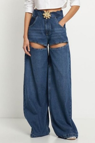 Blue Casual Patchwork Metal Accessories Decoration Contrast High Waist Regular Denim Jeans
