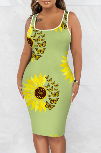 Green Casual Print Basic U Neck Vest Dress Dresses