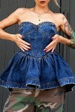 Blue Sexy Casual Solid Backless Strapless Sleeveless Regular Denim Tops