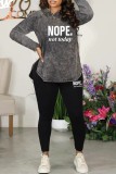 Dark Gray Casual Letter Print Basic O Neck Long Sleeve Two Pieces