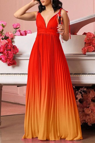 Orange Gradient Print Sleeveless Deep V Neck Slim Fit Party Vacation Pleated Cami Maxi Dress