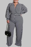 Black And White Casual Print Patchwork V Neck Plus Size Jumpsuits