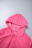 Rose Red Street Solid Patchwork Draw String Pocket Zipper Hooded Collar Long Sleeve Two Pieces