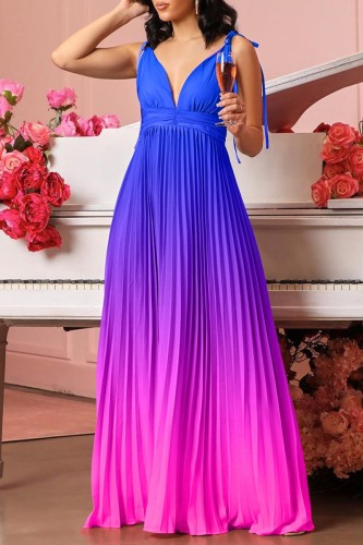 Blue Gradient Print Sleeveless Deep V Neck Slim Fit Party Vacation Pleated Cami Maxi Dress