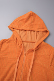 Tangerine Red Street Solid Patchwork Draw String Pocket Zipper Hooded Collar Long Sleeve Two Pieces