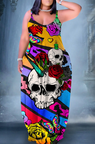 Multicolor Sexy Print Backless Spaghetti Strap Long Dress Dresses