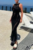 Black Casual Solid Ripped O Neck Long Dress Dresses