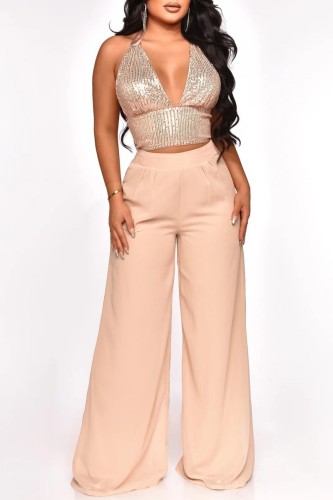 Champagne Sexy Casual Patchwork Sequins Backless Halter Sleeveless Two Pieces
