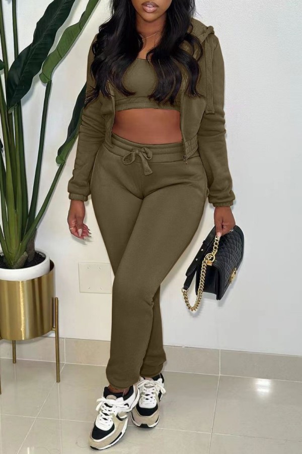 Army Green Casual Solid Basic O Neck Long Sleeve  Three Piece Set