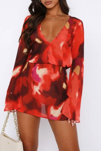 Red Casual Print Tie Dye Slit V Neck Long Sleeve Dresses