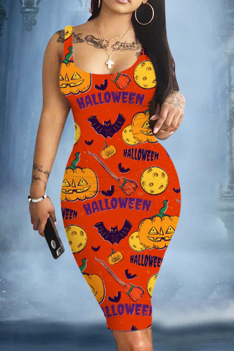 Tangerine Red Halloween Skull Pumpkin Print Sleeveless Party Club Bodycon Tank Midi Dress