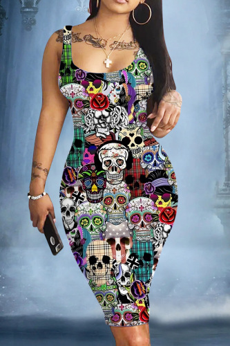 Colour Halloween Skull Pumpkin Print Sleeveless Party Club Bodycon Tank Midi Dress