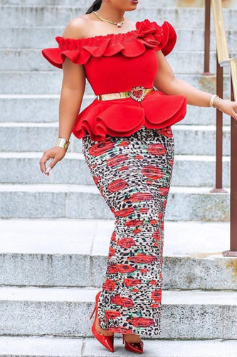 Red Casual Print Patchwork Off the Shoulder Long Dress (Without Belt)