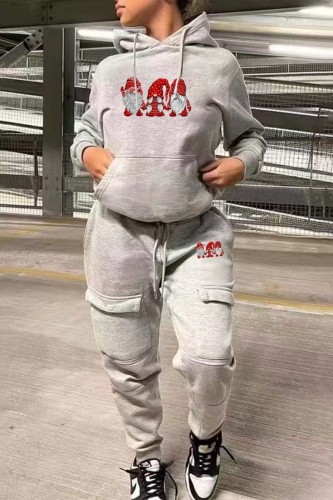 Grey Casual Santa Claus Printing Hooded Collar Long Sleeve Two Pieces