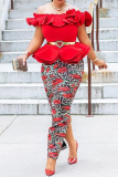 Red Casual Print Patchwork Off the Shoulder Long Dress (Without Belt)