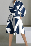 Multi-color Elegant Print Patchwork Buttons Turndown Collar A Line Dresses