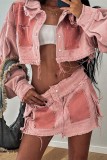 Pink Casual Patchwork Contrast Turndown Collar Long Sleeve Two Pieces
