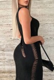 Black Casual Solid Ripped O Neck Long Dress Dresses