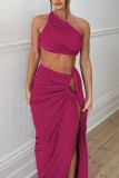 Rose Red Sexy Casual Solid Hollowed Out Backless Slit Oblique Collar Sleeveless Two Pieces