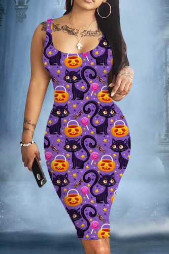 Light Purple Halloween Skull Pumpkin Print Sleeveless Party Club Bodycon Tank Midi Dress