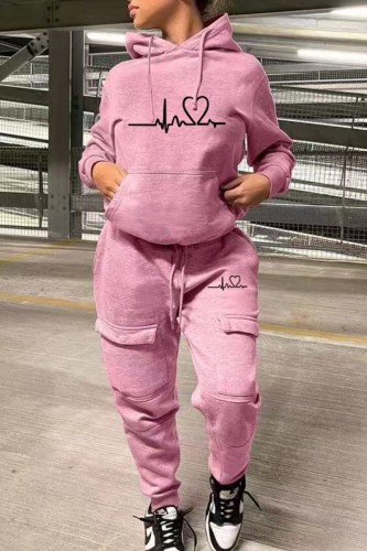 Pink Casual Print Basic Hooded Collar Long Sleeve Two Pieces