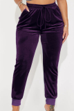 Purple Casual Solid Patchwork Draw String Pocket Regular Mid Waist Conventional Solid Color Bottoms
