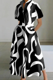 Black Casual Print Patchwork Turndown Collar Short Sleeve Dress Dresses