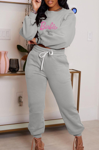Grey Casual Letter Hot Drilling Patchwork O Neck Long Sleeve Two Pieces