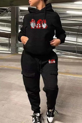 Black Casual Santa Claus Printing Hooded Collar Long Sleeve Two Pieces