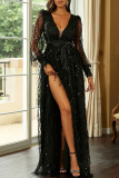 Black Elegant Formal Print Tassel Sequins High Opening V Neck Evening Dress Dresses
